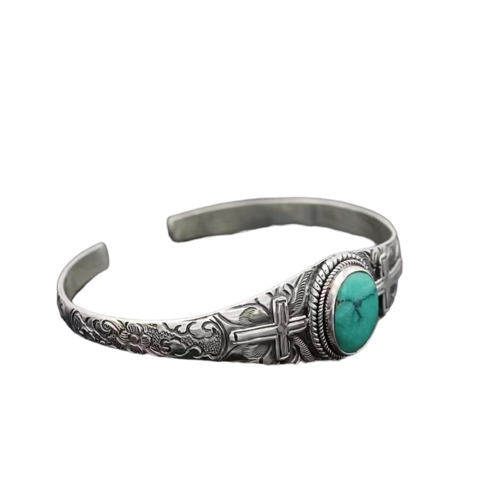 Adjustable Silver Designed Turquoise Cuff Bracelet - image 2